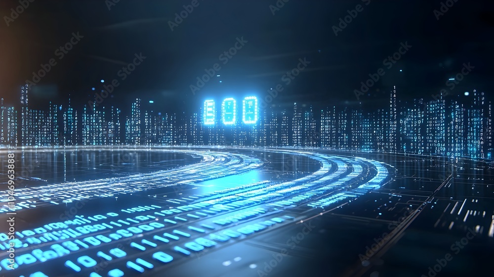 Leinwandbilder Glowing blue digital waves moving across a dark and white background representing futuristic technology and the dynamic flow of data in the digital world