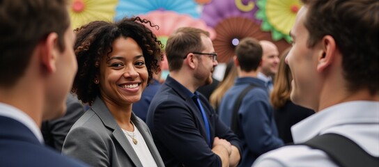 Obraz premium Young Black woman smiles at fellow conference attendee amidst an energetic crowd in a bustling venue
