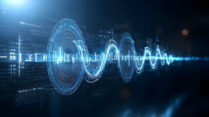 Glowing blue digital waves and lines flowing dynamically across a dark and white background representing the concept of futuristic technology data processing