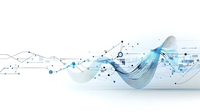 Glowing blue digital waves moving across a dark and white background representing the dynamic flow of futuristic technology and data