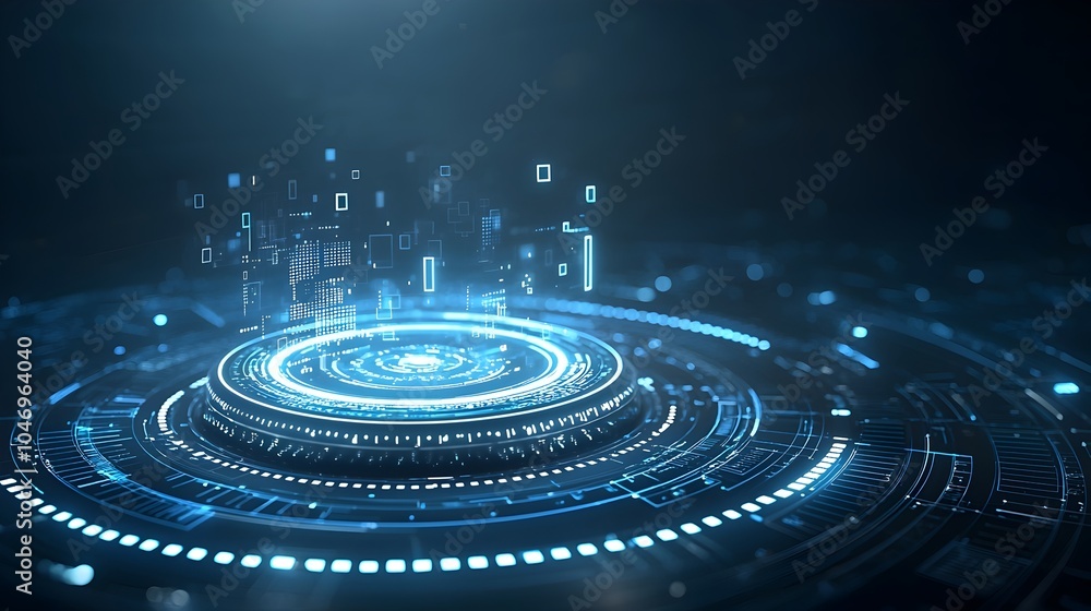 Poster Glowing digital particles riding dynamic blue waves on a dark background with white highlights symbolizing the flow of futuristic technology and data  The image evokes a sense of energy motion