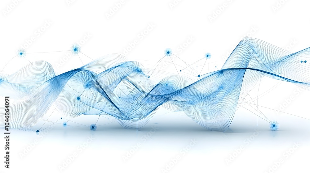 Poster Stunning Futuristic Abstract Blue Waves with Glowing Particles Floating Over a Dark and White Background Representing Technological Advancements and Innovation