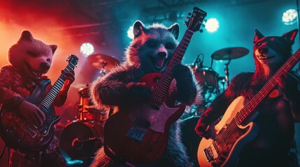 Obraz premium A group of animals posing like rock stars in a band, with instruments, bright lights, and dynamic poses, ideal for a playful stock photo