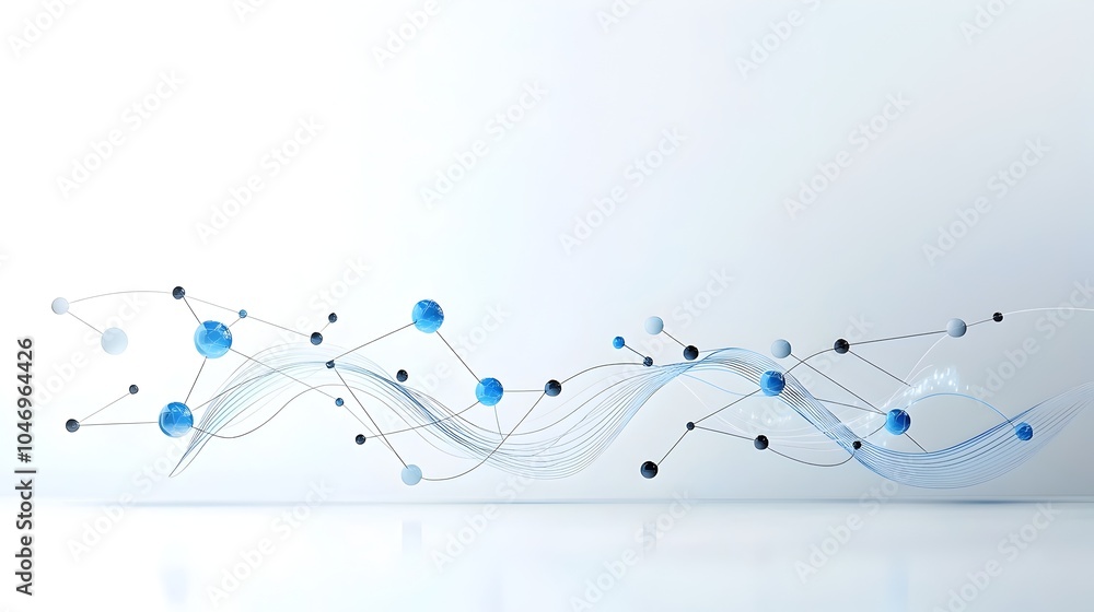 Poster Futuristic abstract composition featuring dynamic blue waves with glowing particles flowing over a dark and white background representing technological advancements and innovation