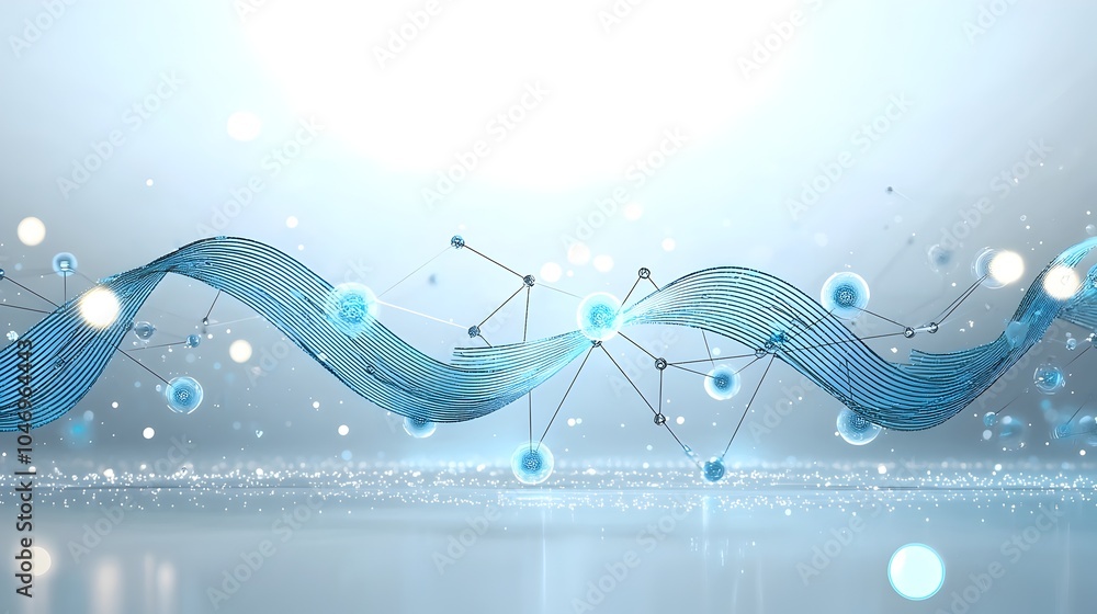 Poster Futuristic abstract blue waves with glowing particles over a dark and white background representing technological advancements and innovation  Dynamic fluid digital art with a sleek