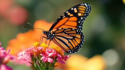 Naklejka premium Vibrant Monarch Butterfly on Colorful Flower