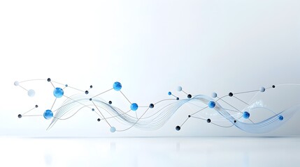 Futuristic abstract composition featuring dynamic blue waves with glowing particles flowing over a dark and white background representing technological advancements and innovation