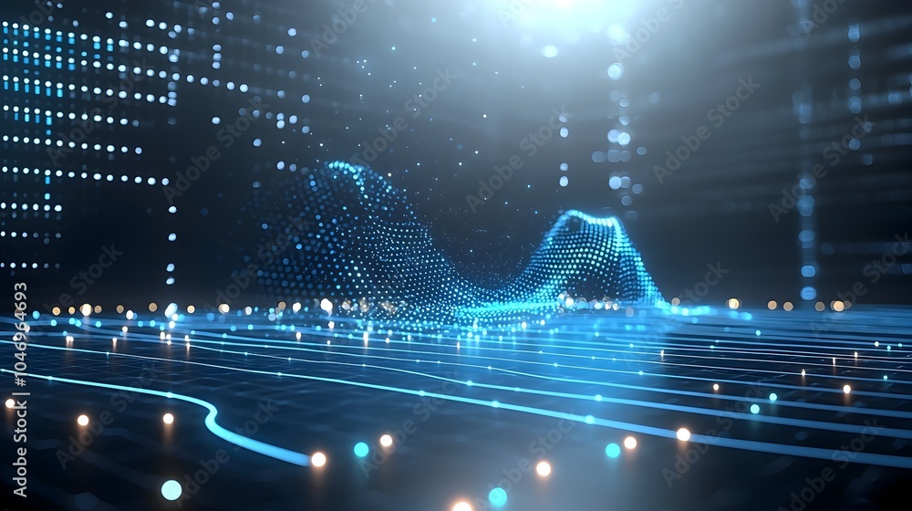 Poster Captivating abstract digital artwork depicting swirling blue waves with glowing particles against a dark and white background symbolizing the cutting edge technology data flow and the digital future