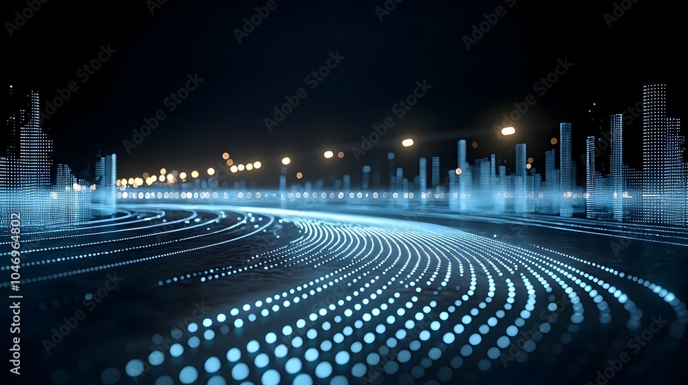 Poster Glowing blue waves and particles on a dark background fading into white representing the concept of technology and digital transformation in a modern abstract and futuristic visual style