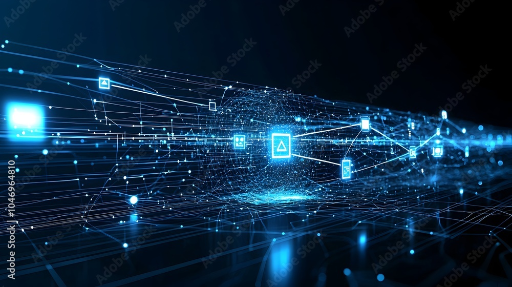 Poster Glowing blue waves and particles on a dark background fading into white representing the concept of technology and digital transformation  Futuristic abstract and visually captivating design