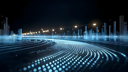 Glowing blue waves and particles on a dark background fading into white representing the concept of technology and digital transformation in a modern abstract and futuristic visual style