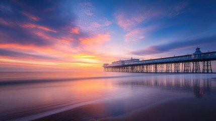 Fototapeta premium A tranquil view of Blackpool beach at sunset, with the pier extending into the water. The sky is vibrant with sunset colors, and the scene conveys a sense of calm and beauty.