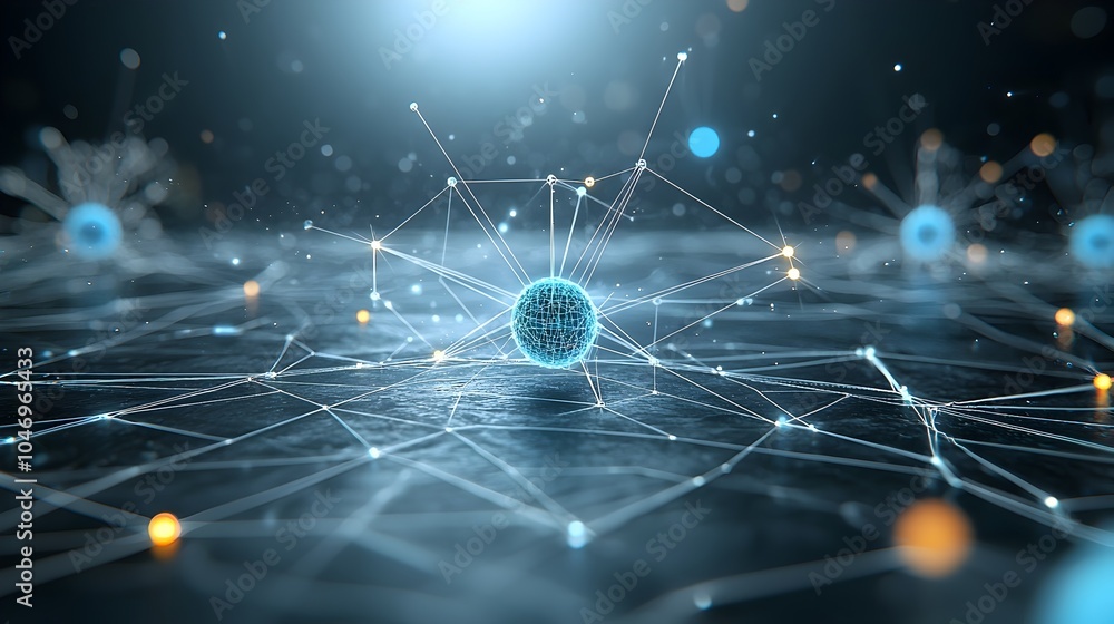 Poster Smooth flowing glowing particles across a dark background symbolizing the boundless potential and innovation of digital connectivity and generative intelligence technology