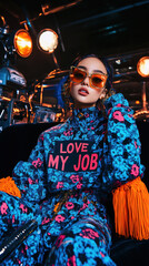 Obraz premium Colorful fashion portrait showcasing confident woman in vibrant attire