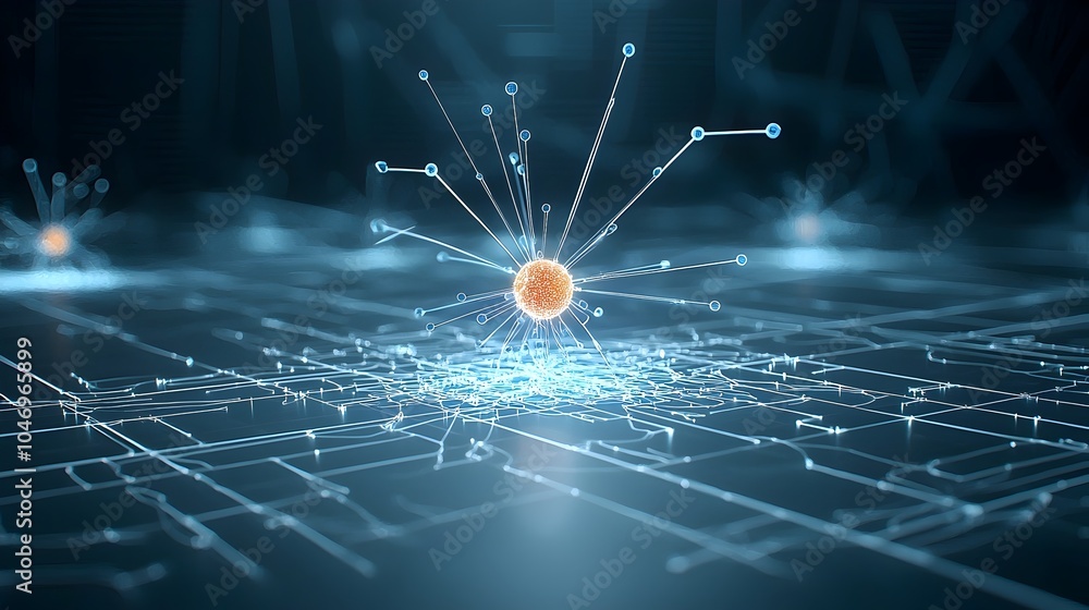 Poster Flowing and glowing abstract particles over a deep dark background highlighting the concept of connectivity and intelligent generative AI