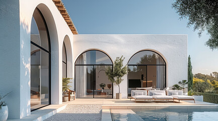 A single-story flat villa, with the facade material made of white micro cement, arched thermal break windows, and a terrace on the ground floor.
