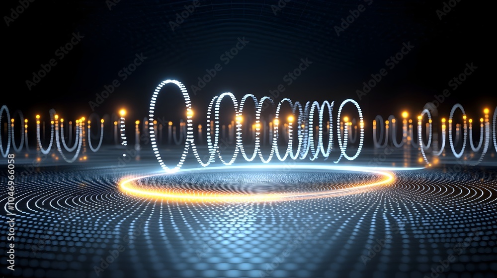 Poster Glowing luminous particles flowing in smooth undulating waves across a dark digital backdrop symbolizing the concept of interconnectivity and data driven innovation powered by generative technology