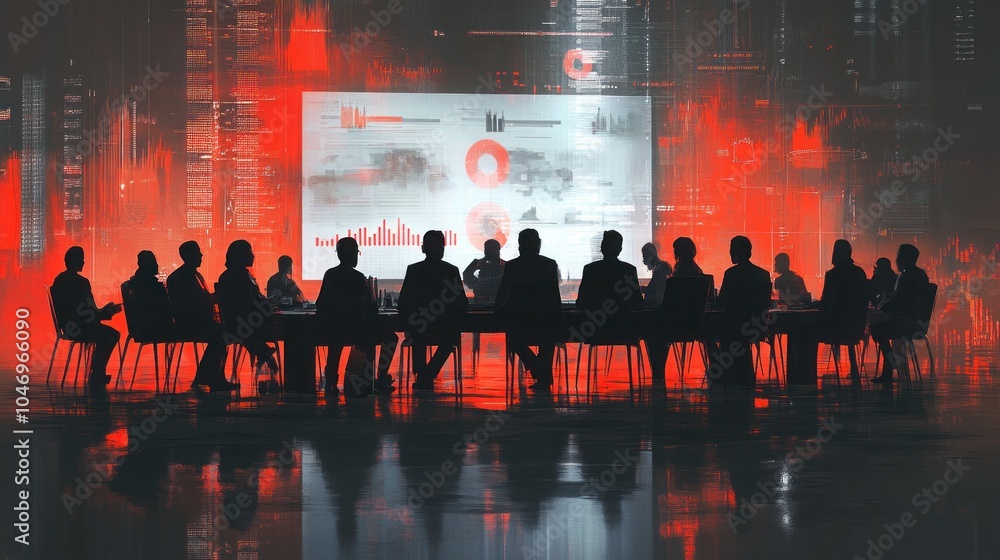 Poster silhouettes of a group of business people sitting at a table in a conference room, with a large scre