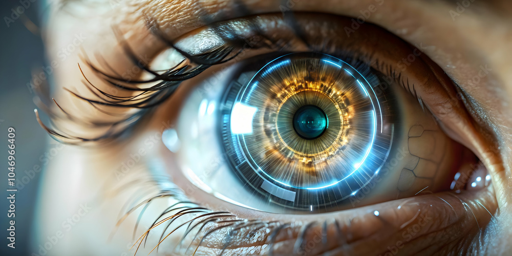 Poster macro shot of human eye with digital data reflected in iris, close up image symbolizing connection b