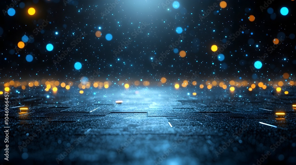 Poster Dynamic abstract glowing particles moving over a dark background representing seamless connectivity and generative technology  Futuristic digital art with a clean elegant and conceptual design