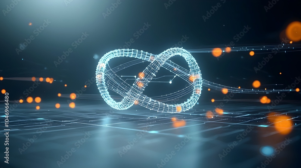Poster Glowing digital particles flowing in smooth mesmerizing waves across a dark atmospheric background