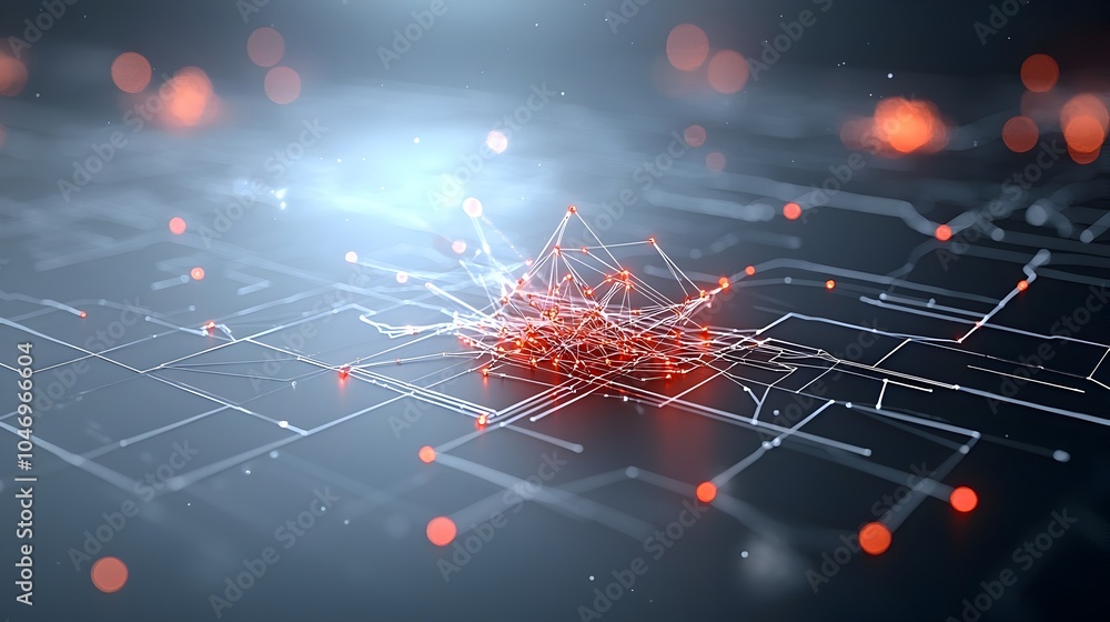 Poster Abstract digital artwork depicting glowing dynamic particles flowing in fluid motion over a dark background representing the and connectivity of advanced generative systems