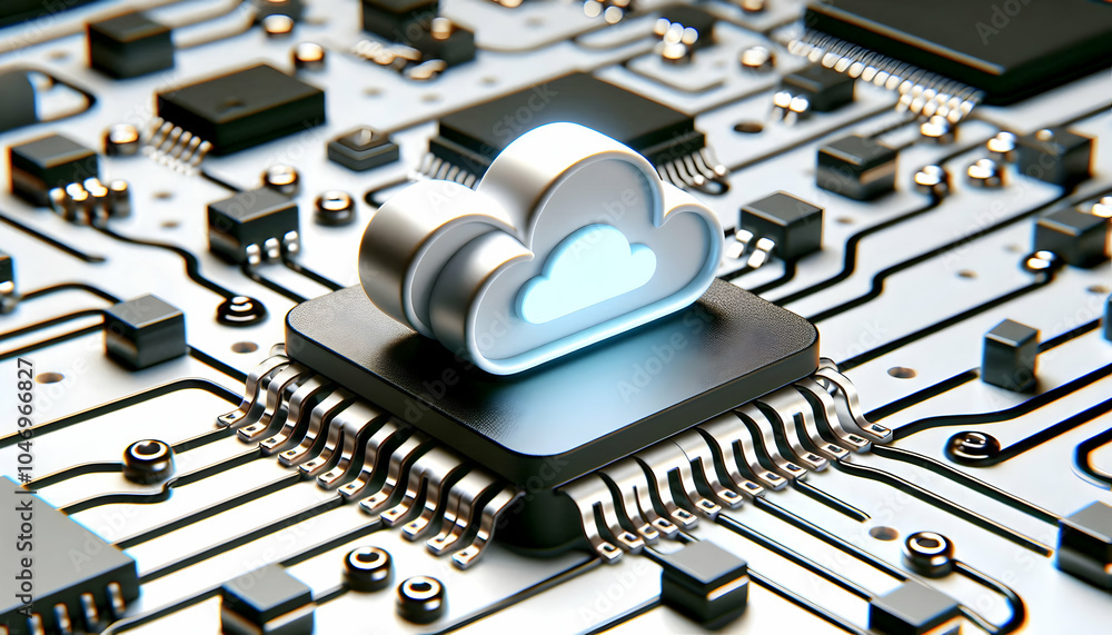 Poster 3d macro shot cloud icon circuit board close-up hardware fusion cloud technology complexity developm
