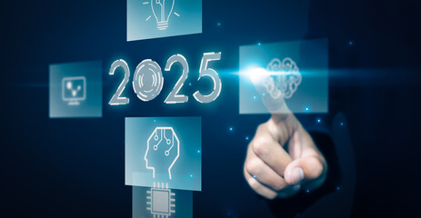 2025 new year future business tech company development innovation creative idea artificial intelligence AI digital computer technology, data online security, graphic icon illustration blue background