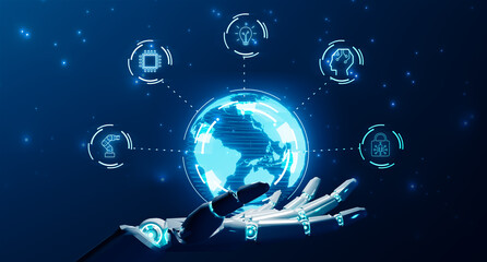 Ai robot futuristic artificial intelligence technology world development concept, computer tech mechanical data security innovation creative idea, 3D model graphic icon illustration blue background