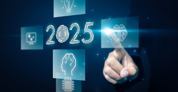 2025 new year future business tech company development innovation creative idea artificial intelligence AI digital computer technology, data online security, graphic icon illustration blue background