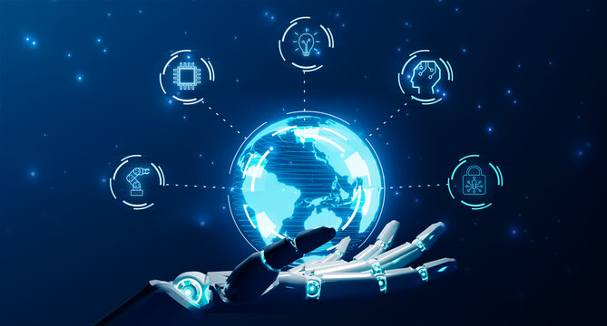 Ai robot futuristic artificial intelligence technology world development concept, computer tech mechanical data security innovation creative idea, 3D model graphic icon illustration blue background - Powered by Adobe