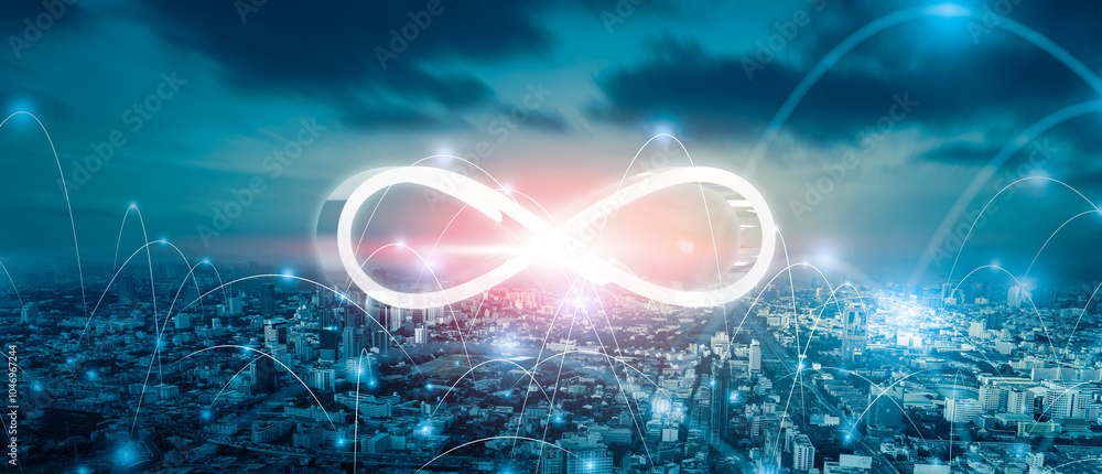 Poster infinity symbol connection dots data technology, city connectivity unlimited data usage storage info