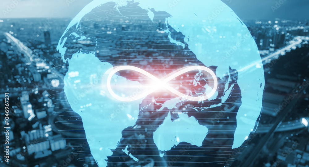 Poster infinity symbol connection dots data technology, world unlimited data usage storage information clou
