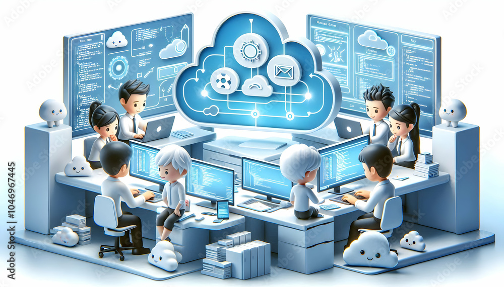 Poster 3d team integrating cloud services concept candid capture teamwork laptops code diagrams office envi