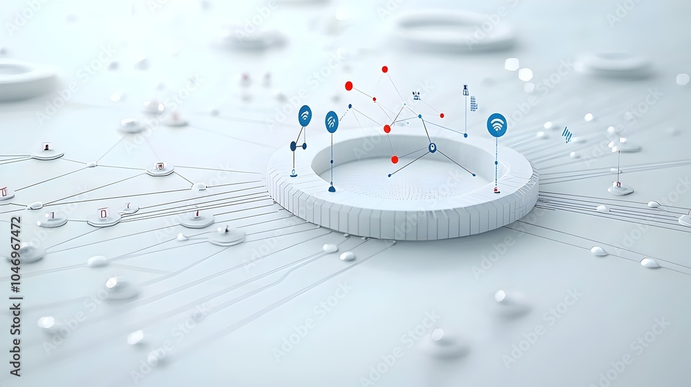 Poster Smooth dynamic particles flowing and glowing across a minimalist futuristic white background representing the seamless connectivity and innovative power of generative technology