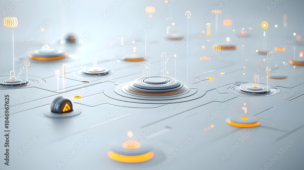 Fototapete Glowing particles flowing in rhythmic patterns over an abstract white futuristic background representing the concept of digital connectivity through generative technology
