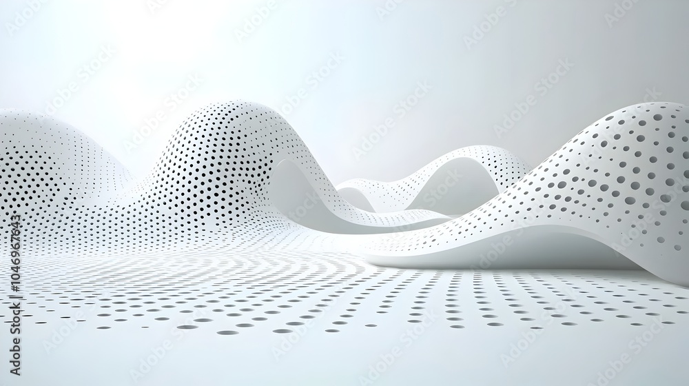 Poster Glowing particles flowing in rhythmic mesmerizing patterns over a sleek abstract white futuristic background