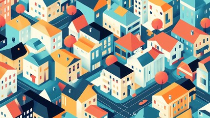An isometric view of a colorful and vibrant city with various houses and buildings, roads, and trees.