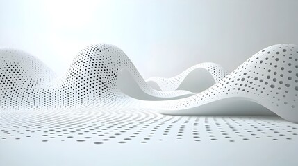 Glowing particles flowing in rhythmic mesmerizing patterns over a sleek abstract white futuristic background