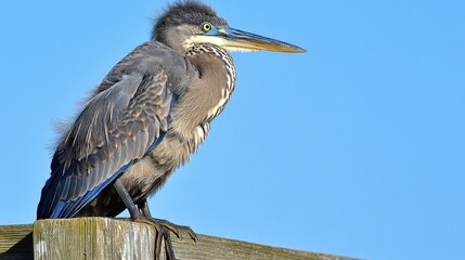 A juvenile blue heron sits on a pier railing at the beach, with a bright sky and ocean view, providing ample space for text or design elements