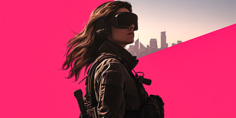 Obraz premium A woman wearing virtual reality goggles stands against a vibrant pink urban skyline backdrop