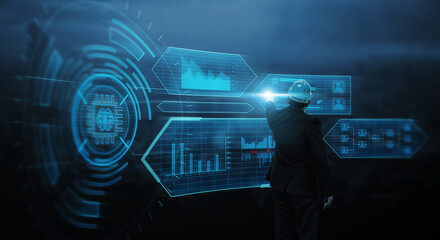 Businessman analyzing data growth increasing sales, marketing, development, management, ideas innovation planning strategy, futuristic chart hologram blue background