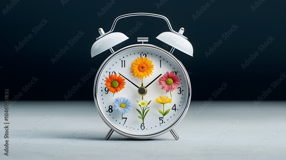 Poster flowers representing the four seasons growing within an alarm clock symbolizing the flow of clean en