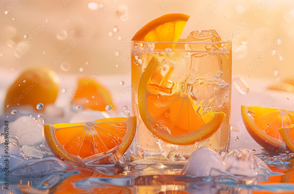 Poster glass of orange juice with ice cubes and orange slices. the image has a refreshing and invigorating 
