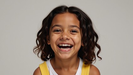 Studio portrait showcasing an African American girl expressing joy with a genuine laugh