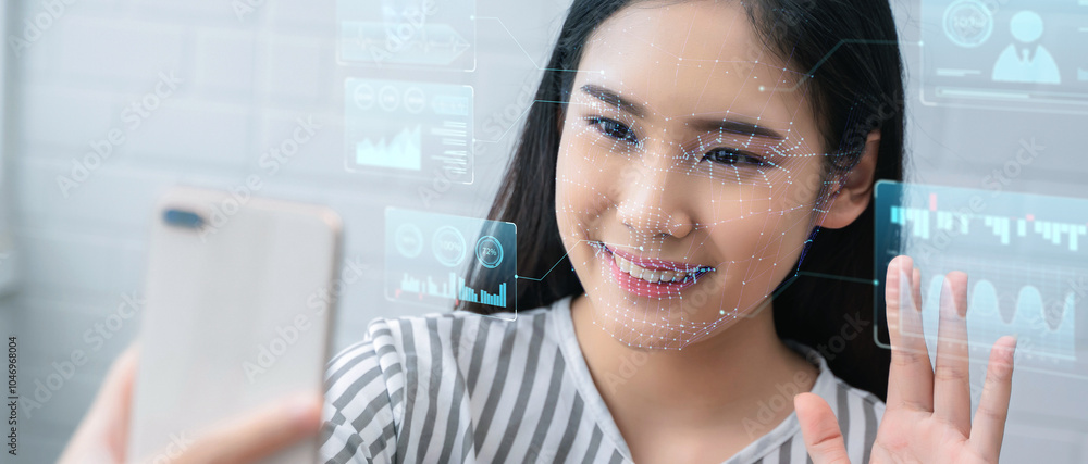 Poster futuristic face id detection recognition technology, security access and individual personal concept
