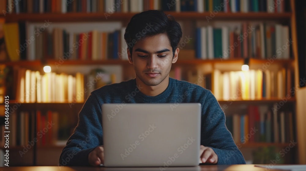 Poster a man is sitting at a desk with a laptop open in front of him
