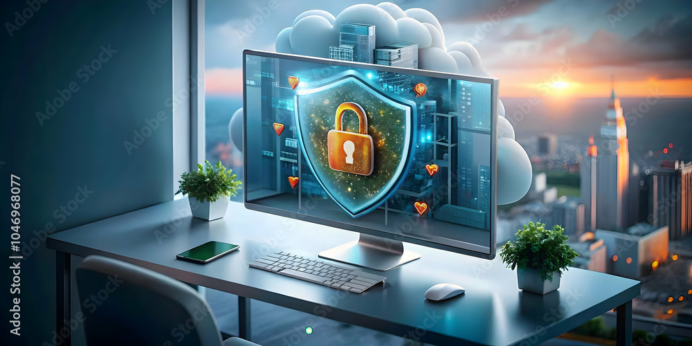 Poster business themed illustration remote work environment digital security tools protected data streams s