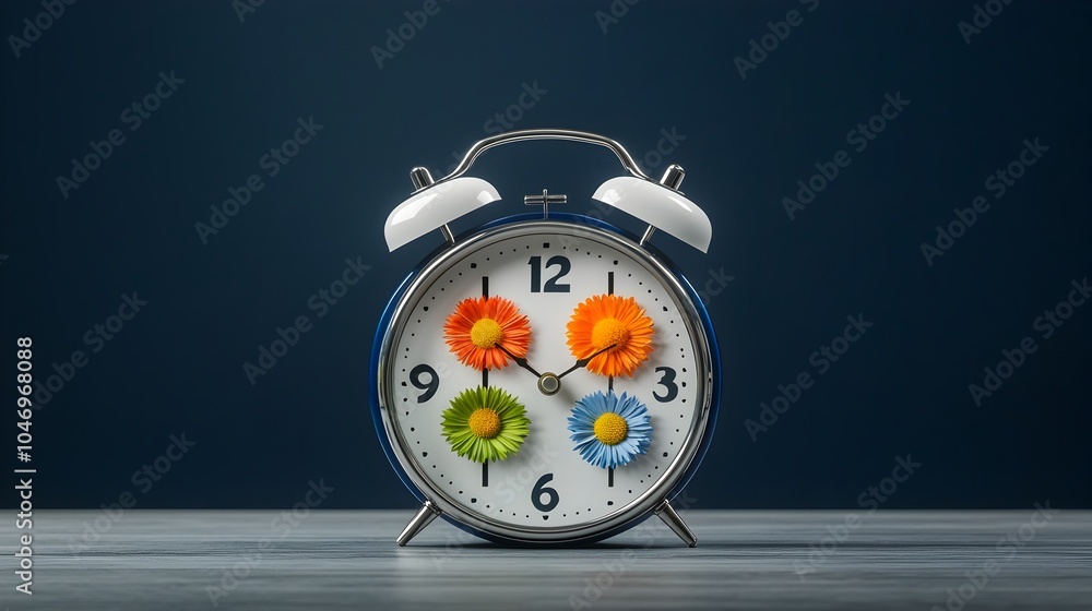 Poster Visually striking conceptual depicting an alarm clock filled with colorful flowers representing the four seasons