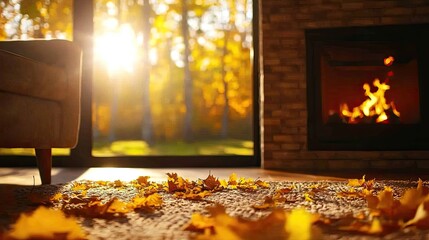 Christmas Background, Cozy interior with autumn leaves, chair, and warm fireplace, bright sunlight streaming in.